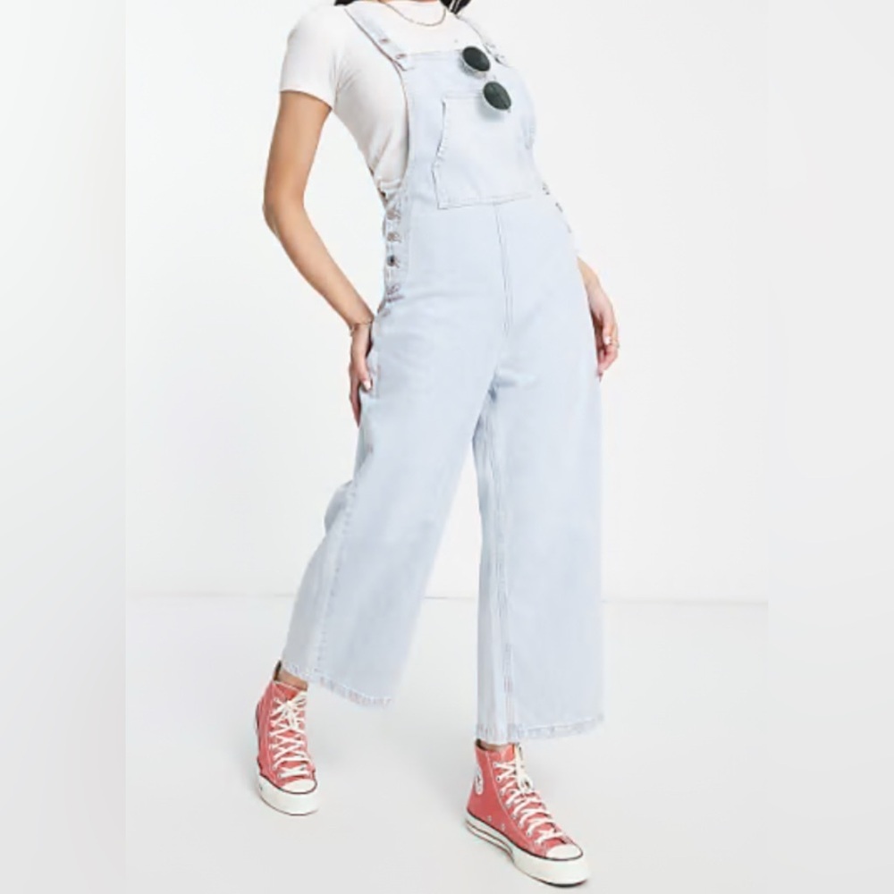 asos Stradivarius cropped wide leg denim dungarees light Blue Denim Overalls - Picture 1 of 16